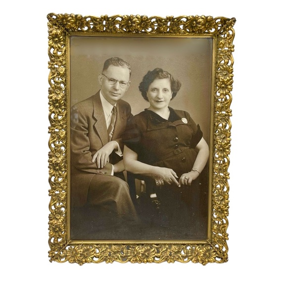 Antique Filigree Sunflower Brass Ornate Photo Picture Frame w Married Couples